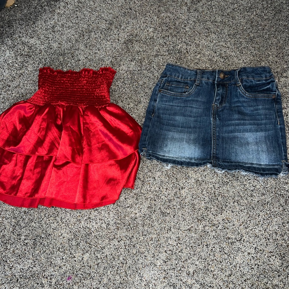 red silk skirt , denim jean short skirt